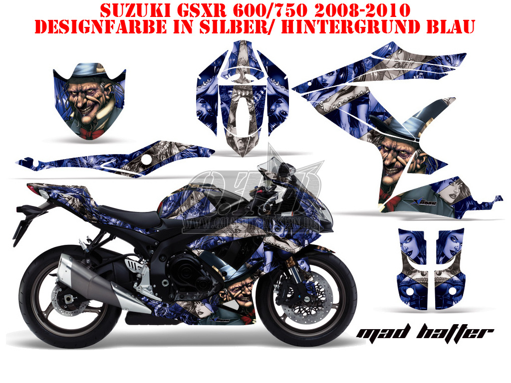 Mad-Hatter Hintergrund = Blau, Designfarbe = Silber für Suzuki GSXR 600/750 2008-2010