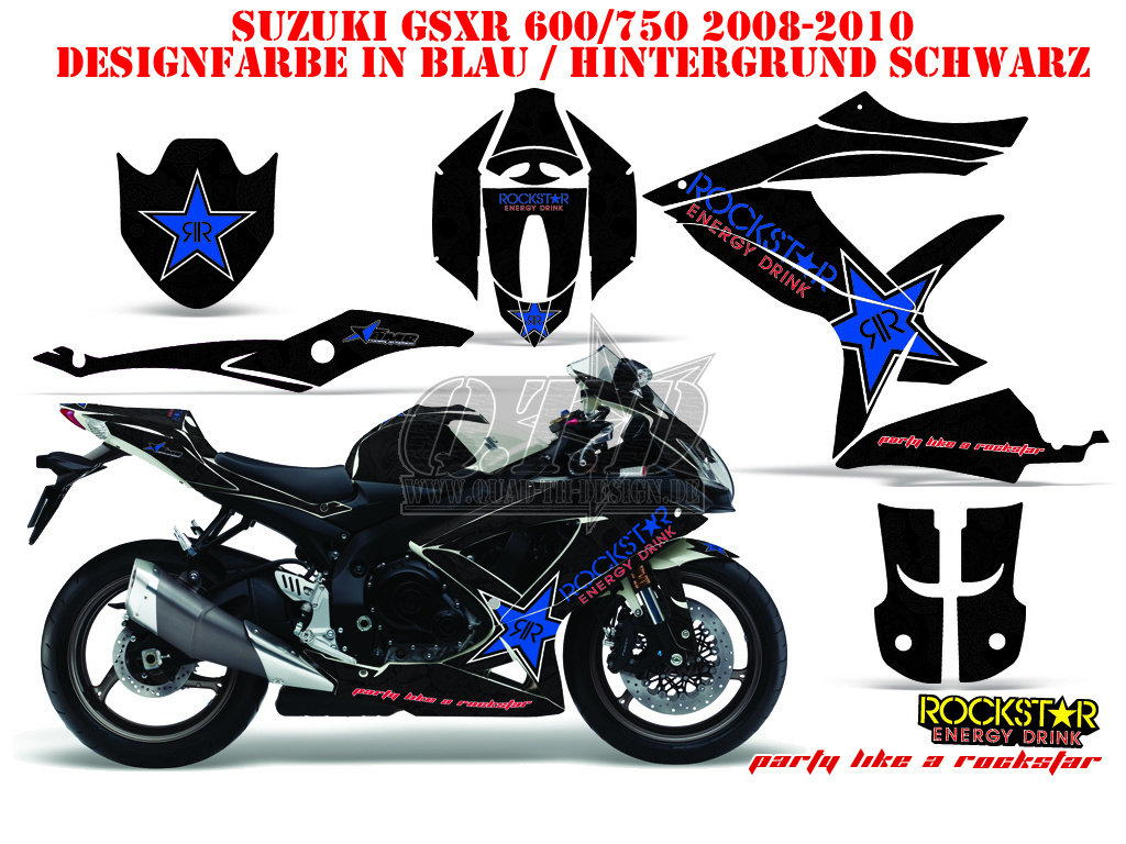 Rockstar Hintergrund = Schwarz, Designfarbe = Blau für Suzuki GSXR 600/750 2008-2010