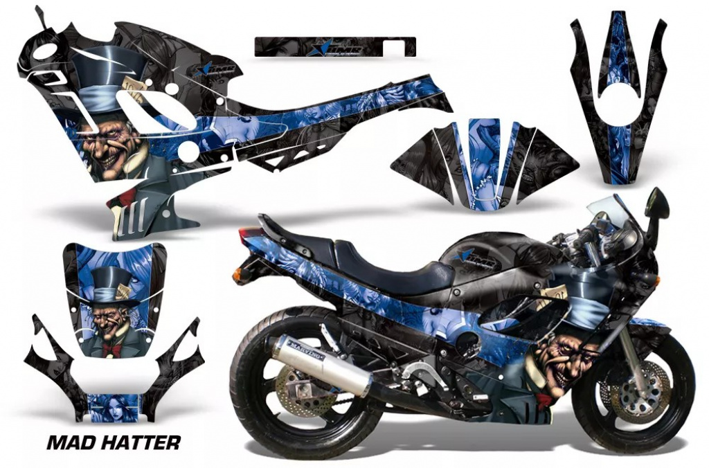 Mad-Hatter Hintergrund = Schwarz, Designfarbe = Blau für Suzuki GSXR 600F/750F Katana 88-97