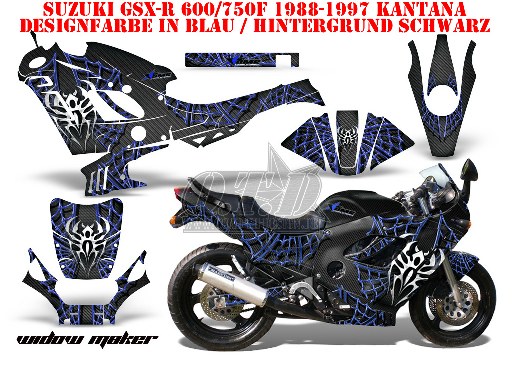 Widow Maker Hintergrund = Schwarz, Designfarbe = Blau für Suzuki GSXR 600F/750F Katana 88-97