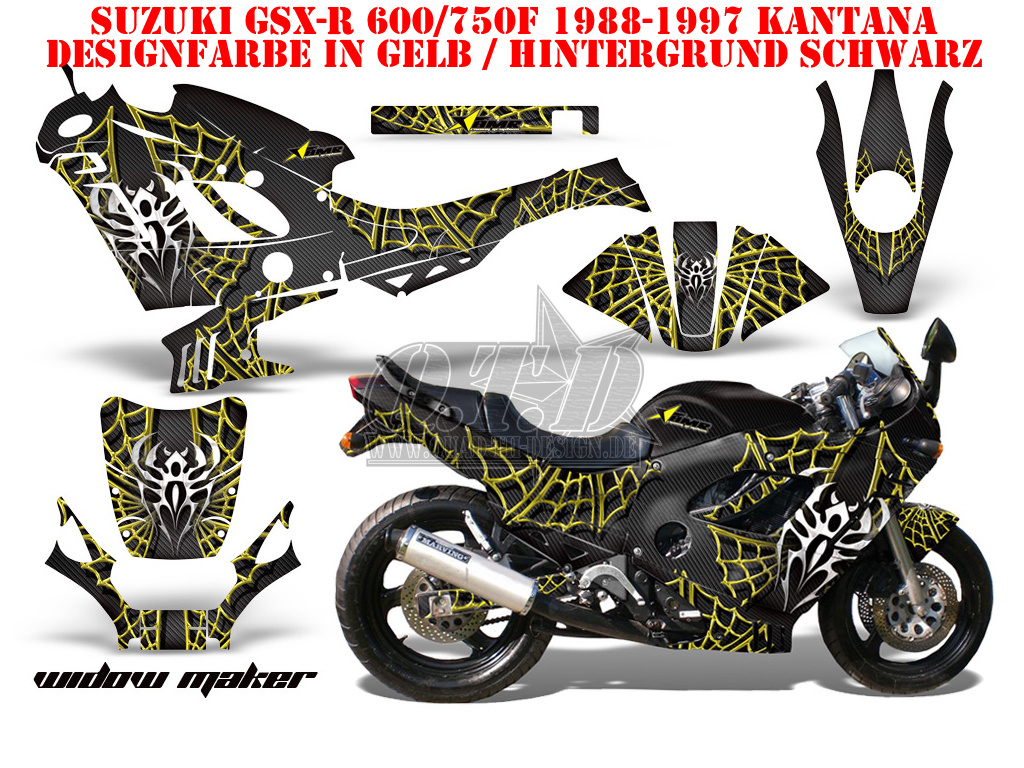 Widow Maker Hintergrund = Schwarz, Designfarbe = Gelb für Suzuki GSXR 600F/750F Katana 88-97
