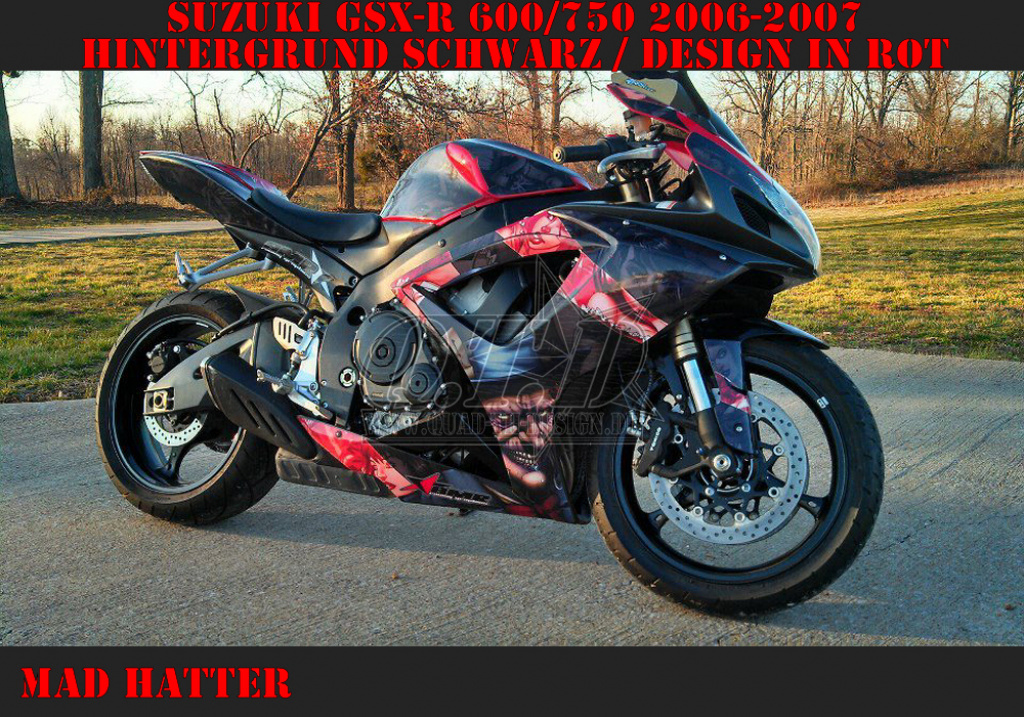 Mad Hatter Hintergrund = Schwarz, Designfarbe = Rot für Suzuki GSXR 600/750 2006-2007