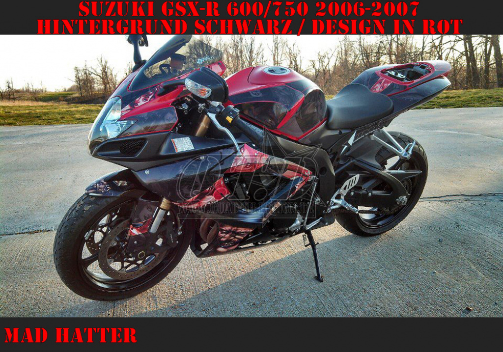 Mad Hatter Hintergrund = Schwarz, Designfarbe = Rot für Suzuki GSXR 600/750 2006-2007