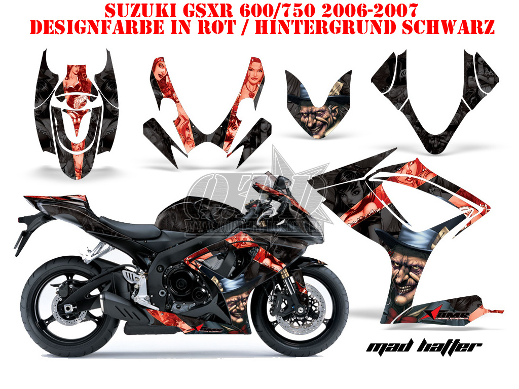 Mad-Hatter Hintergrund = Schwarz, Designfarbe = Rot für Suzuki GSXR 600/750 2006-2007