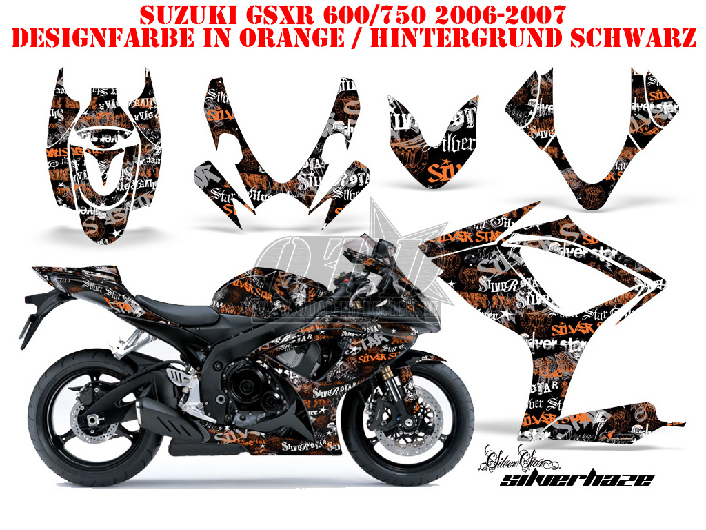 SilverStar - Silverhaze Hintergrund = Schwarz, Designfarbe = Orange für Suzuki GSXR 600/750 2006-2007