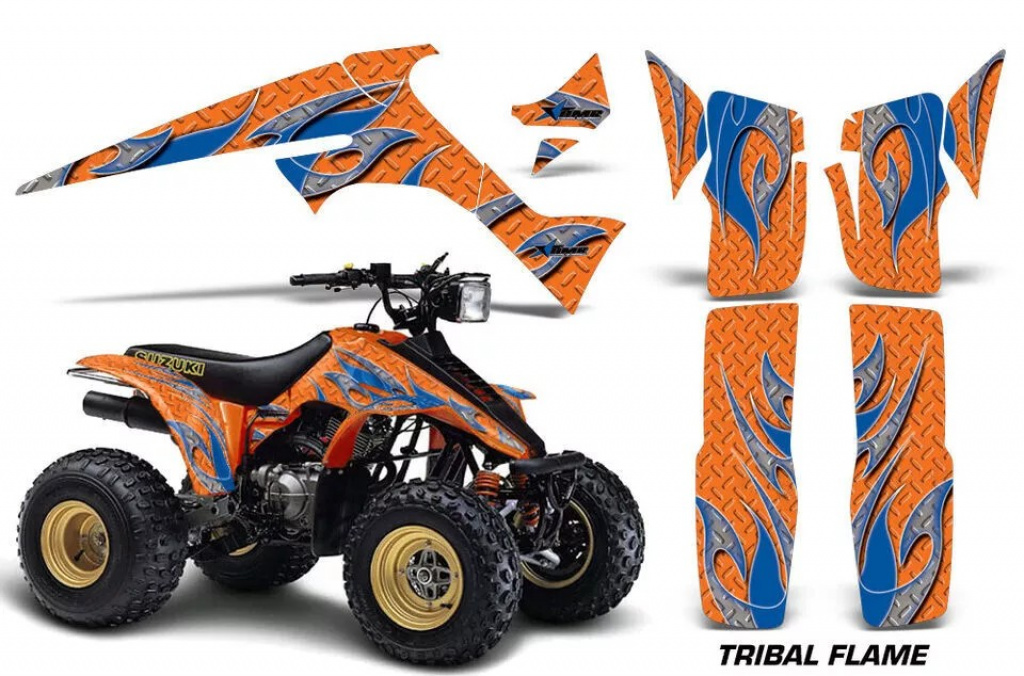 Tribal Flames Hintergrund = Orange, Designfarbe = Blau für Suzuki LT 230/LT 230r