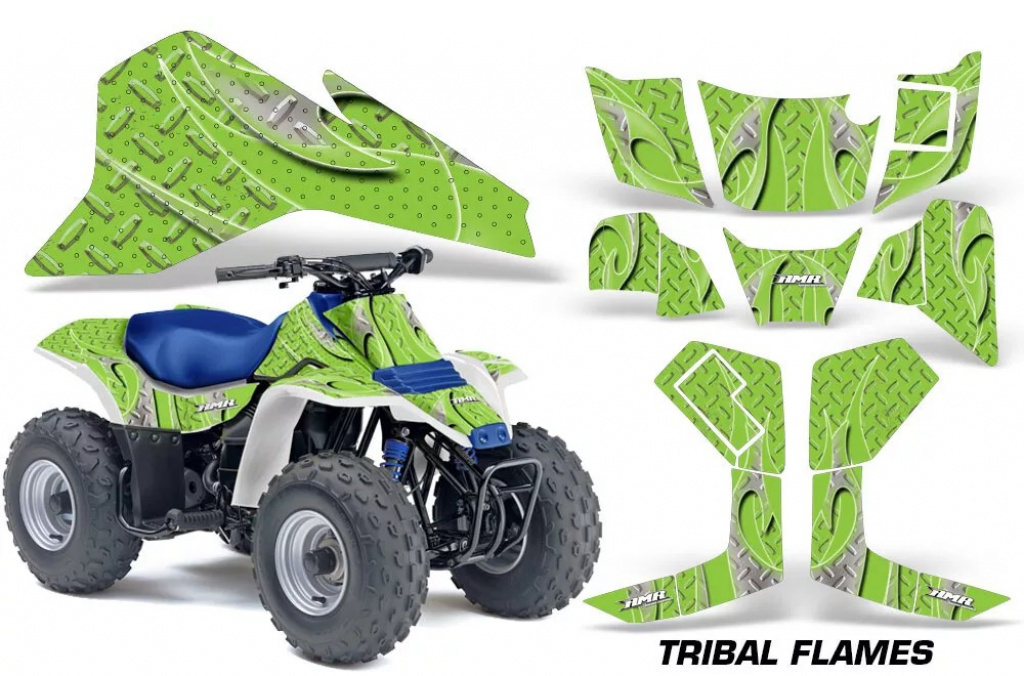 Tribal Flames Hintergrund = Grün, Designfarbe = Grün für Suzuki QuadSport LT80 1987-2006