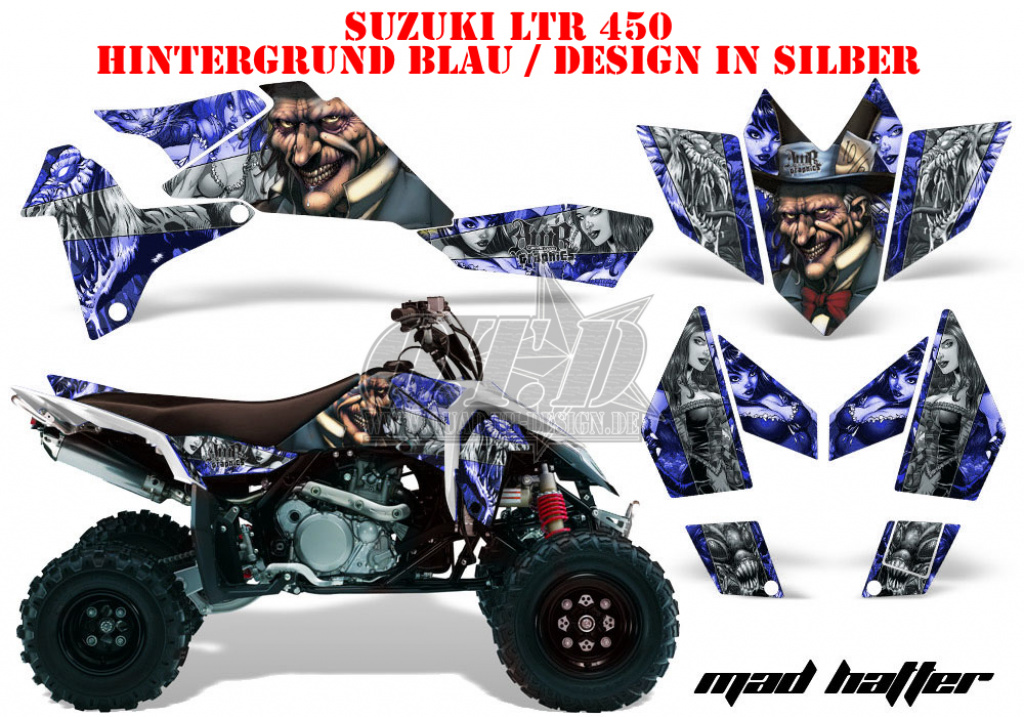 Mad-Hatter Hintergrund = Blau, Designfarbe = Silber für Suzuki LTR 450