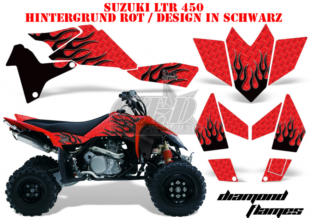 Diamond Flames Hintergrund = Rot, Designfarbe = Schwarz für Suzuki LTR 450