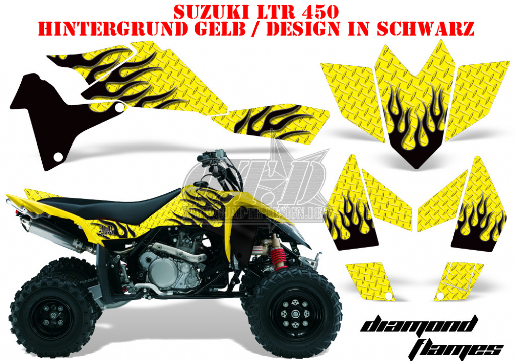Diamond Flames Hintergrund = Gelb, Designfarbe = Schwarz für Suzuki LTR 450