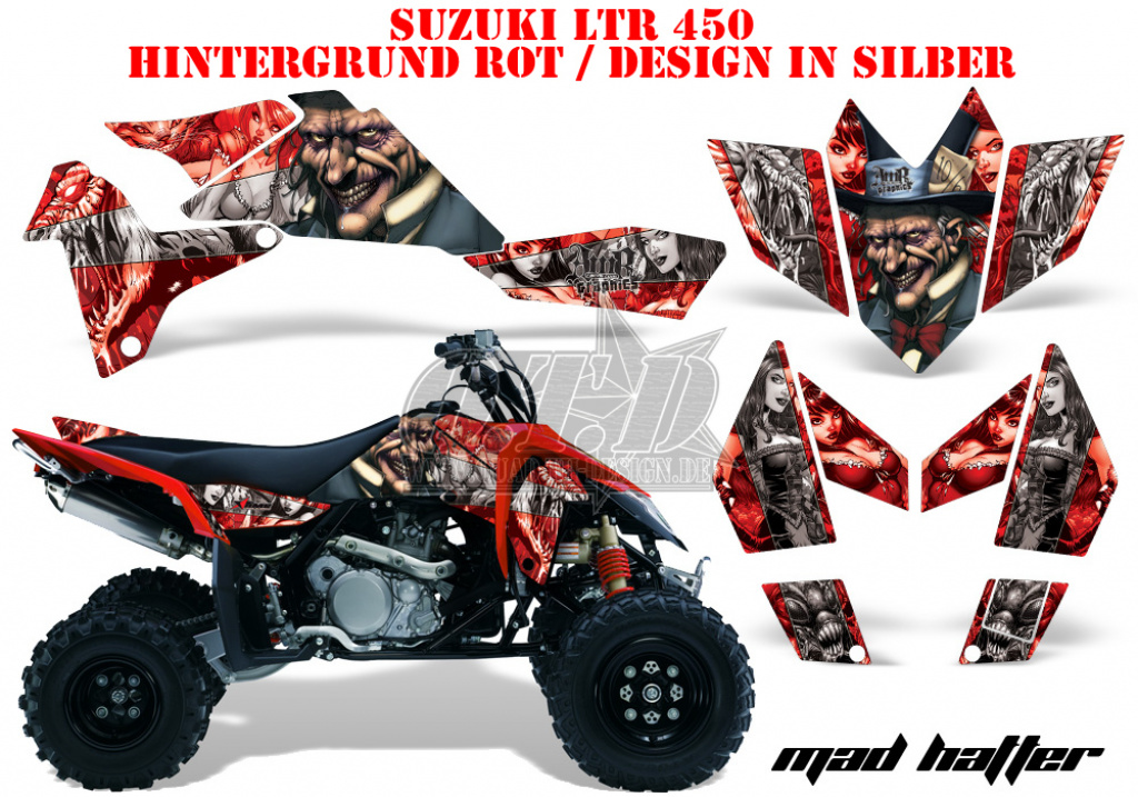Mad-Hatter Hintergrund = Rot, Designfarbe = Silber für Suzuki LTR 450