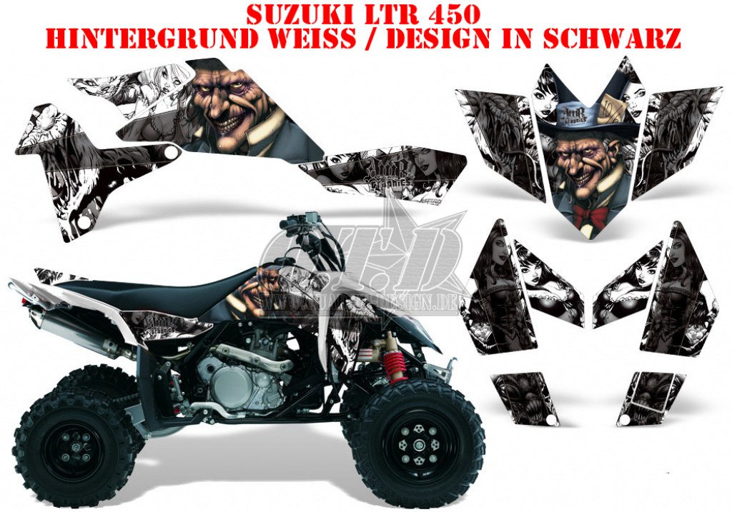 Mad-Hatter Hintergrund = Weiß, Designfarbe = Schwarz für Suzuki LTR 450