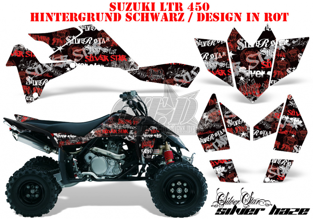 SilverStar - Silverhaze Hintergrund = Schwarz, Designfarbe = Rot für Suzuki LTR 450