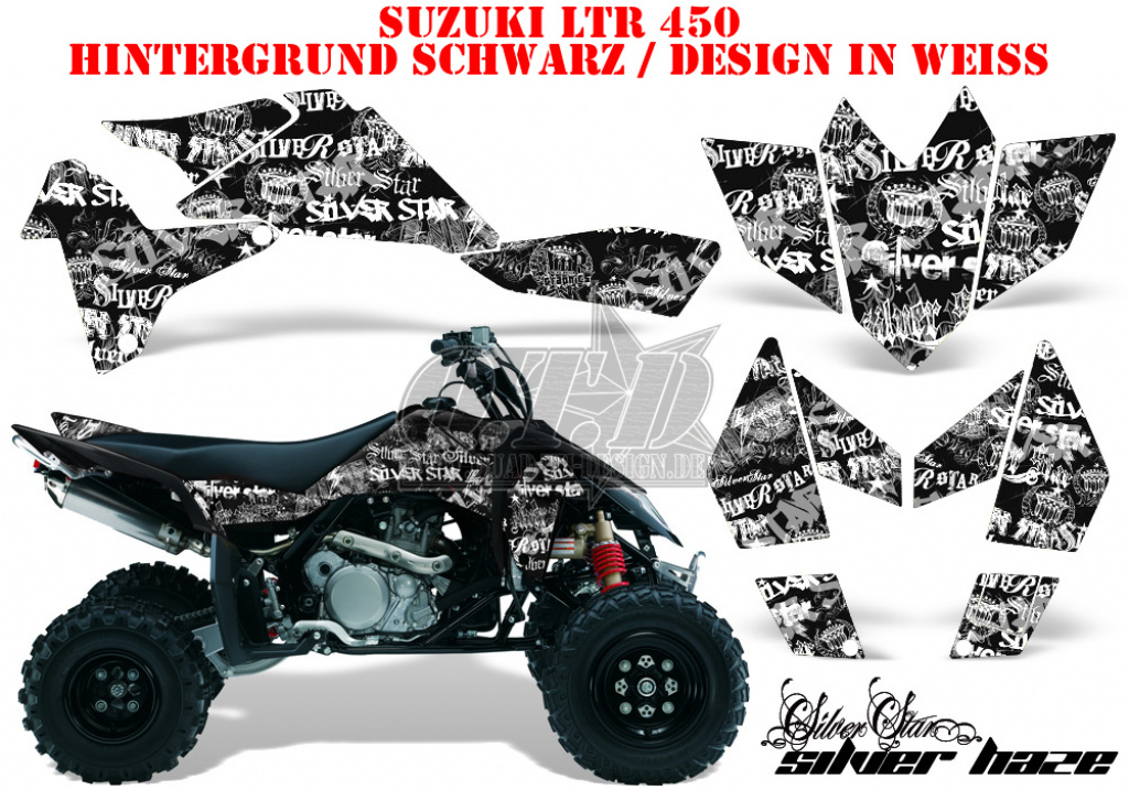 SilverStar - Silverhaze Hintergrund = Schwarz, Designfarbe = Weiß für Suzuki LTR 450