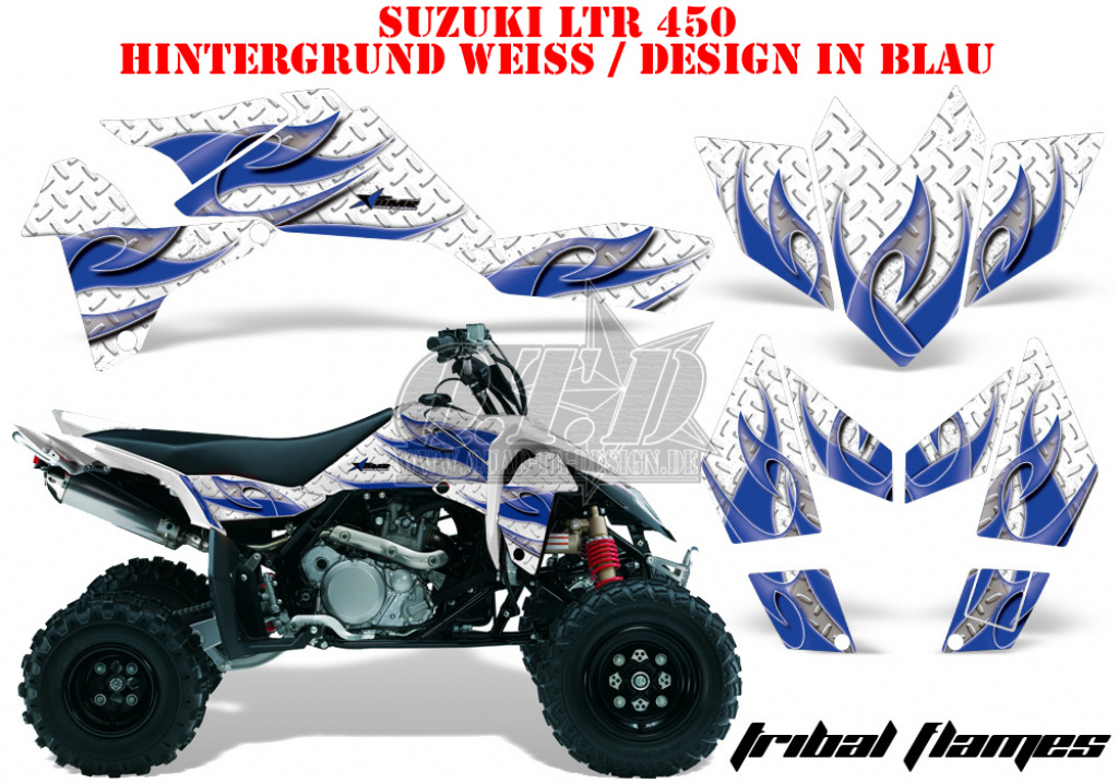 Tribal Flames Hintergrund = Weiß, Designfarbe = Blau für Suzuki LTR 450