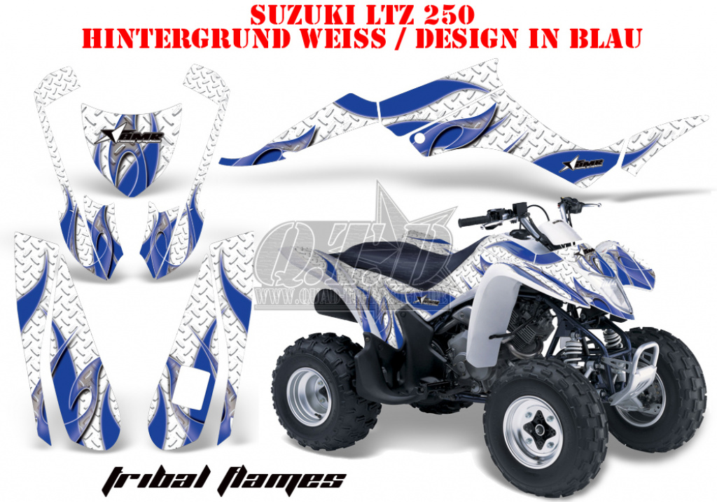 Tribal Flames Hintergrund = Weiß, Designfarbe = Blau für Suzuki LTZ 250