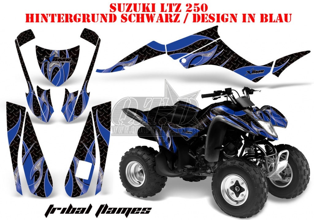 Tribal Flames Hintergrund = Schwarz, Designfarbe = Blau für Suzuki LTZ 250