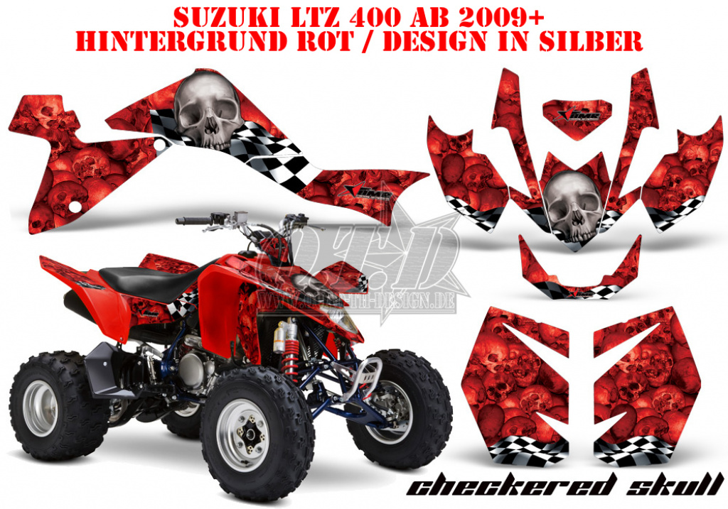 Checkered Skull Hintergrund = Rot, Designfarbe = Silber für Suzuki LTZ 400 2009+