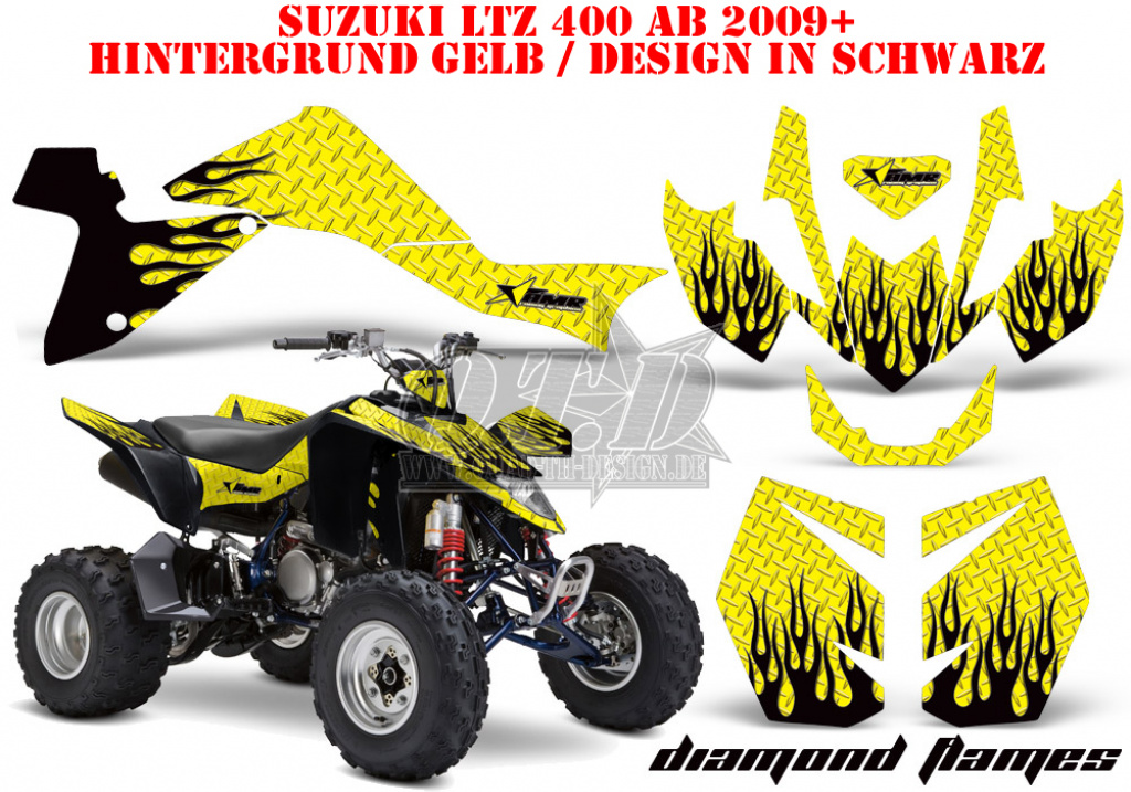 Diamond Flames Hintergrund = Gelb, Designfarbe = Schwarz für Suzuki LTZ 400 2009+