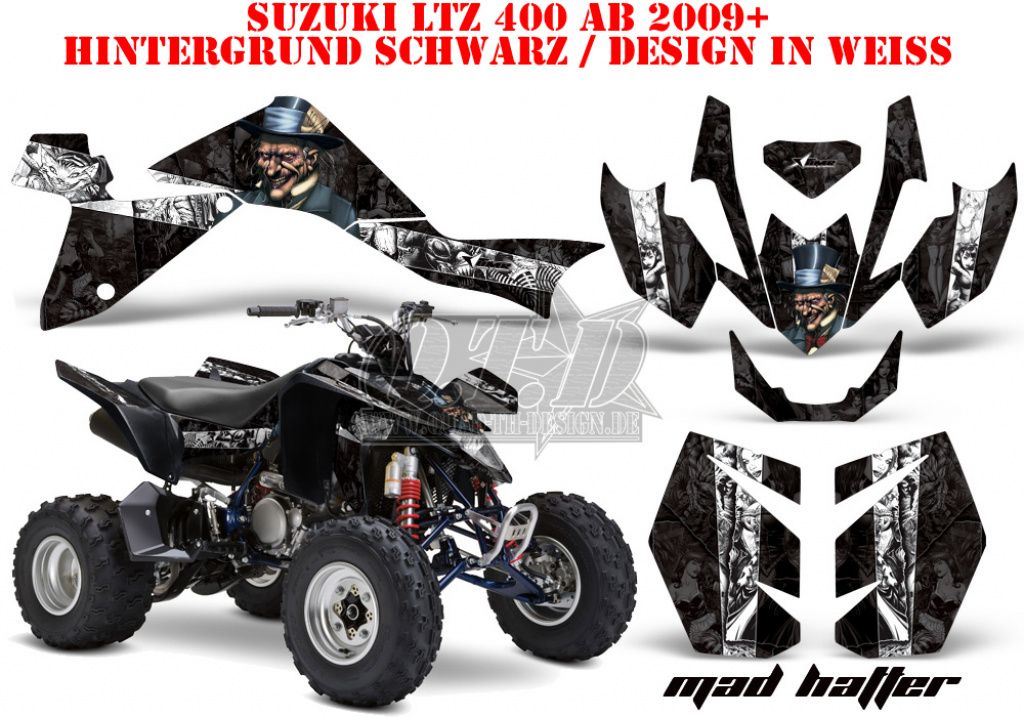 Mad-Hatter Hintergrund = Schwarz, Designfarbe = Weiß für Suzuki LTZ 400 2009+
