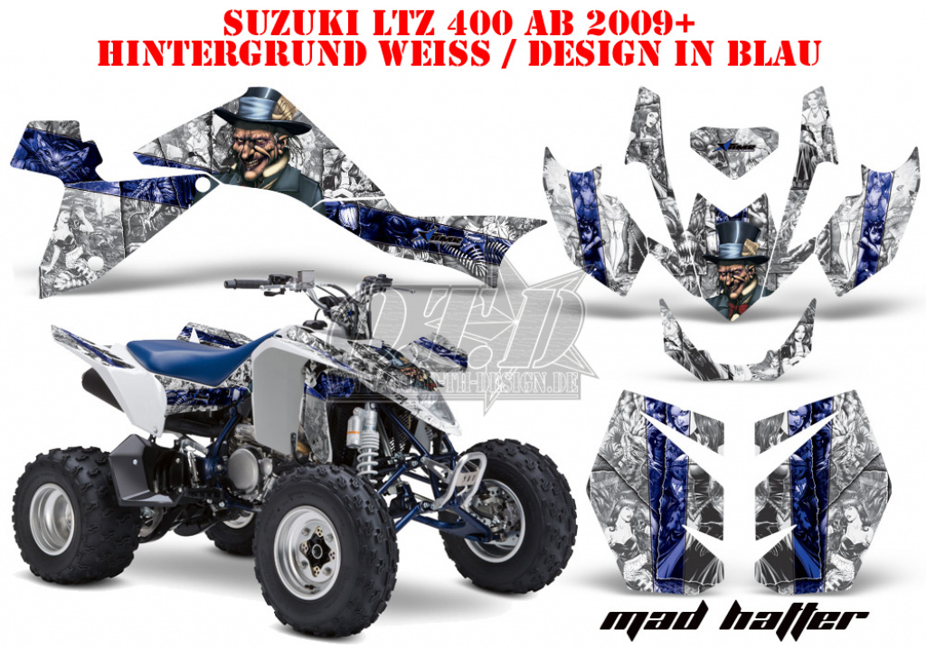 Mad-Hatter Hintergrund = Weiß, Designfarbe = Blau für Suzuki LTZ 400 2009+