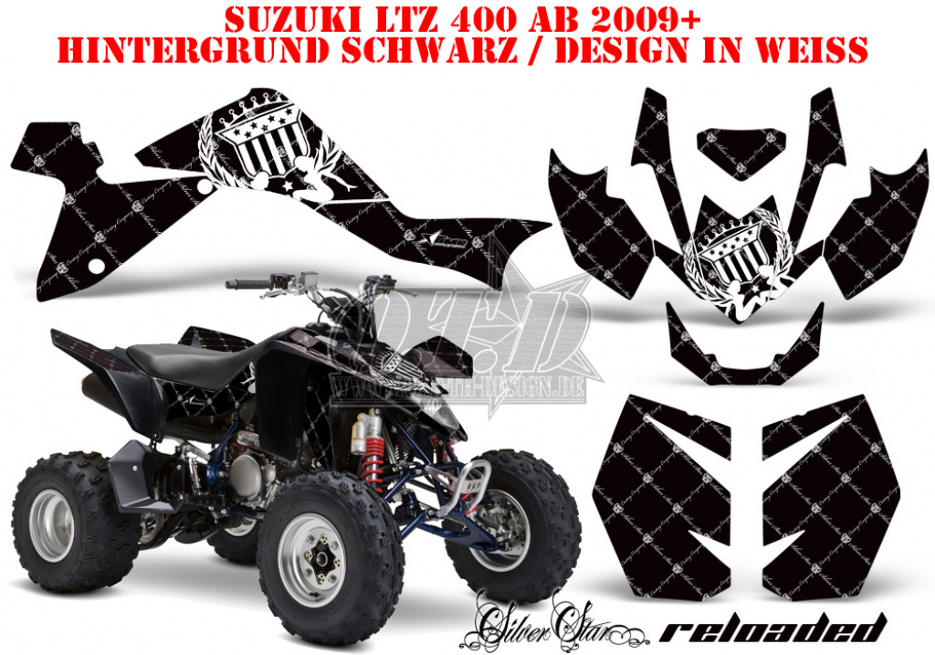 SilverStar - Reloaded Hintergrund = Schwarz, Designfarbe = Weiß für Suzuki LTZ 400 2009+