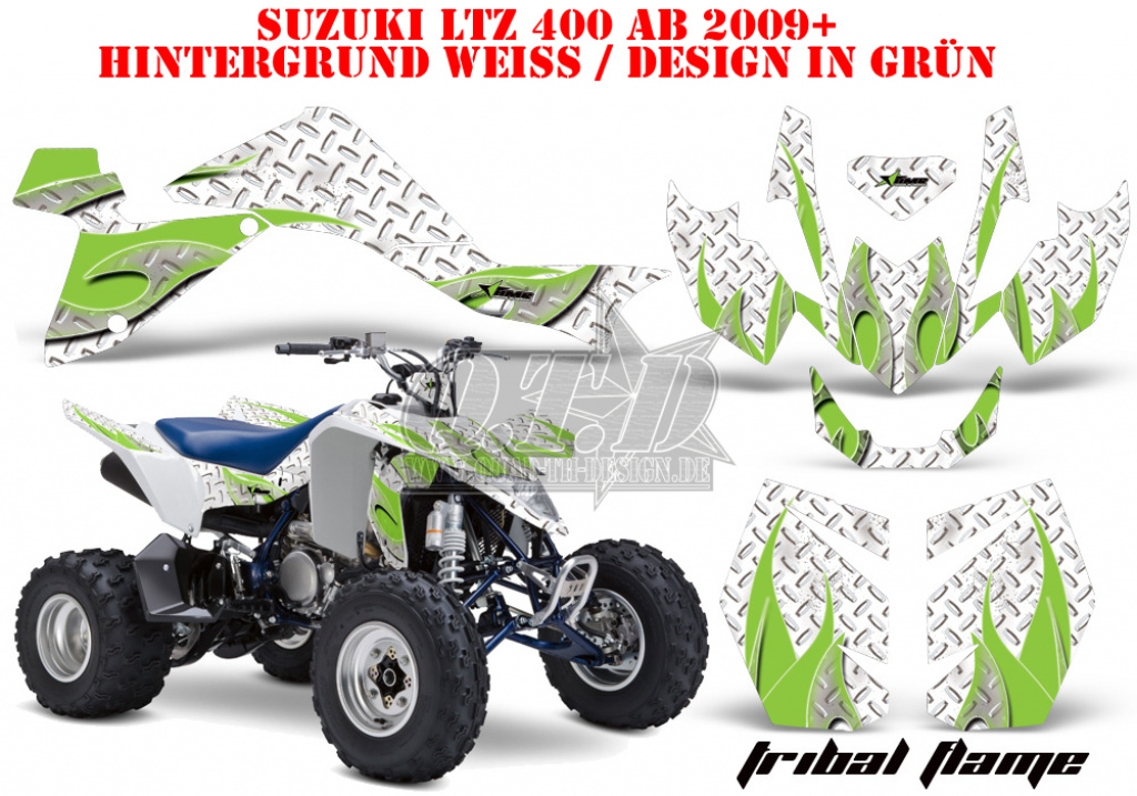 Tribal Flames Hintergrund = Weiß, Designfarbe = Grün für Suzuki LTZ 400 2009+