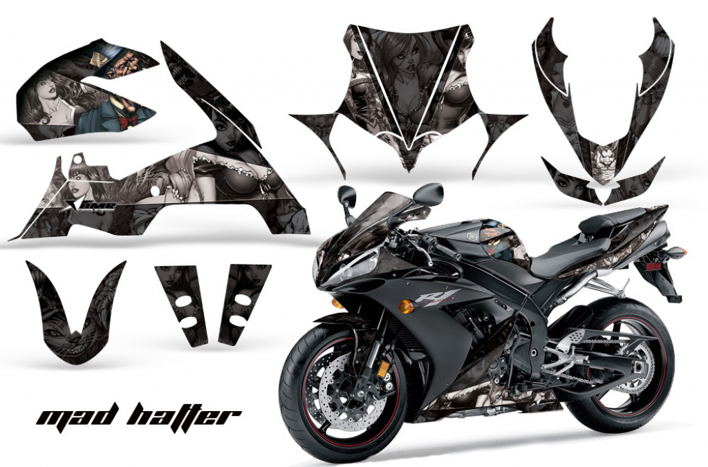 Mad-Hatter Hintergrund = Schwarz, Designfarbe = Silber für Yamaha YZF R1 2004-2006