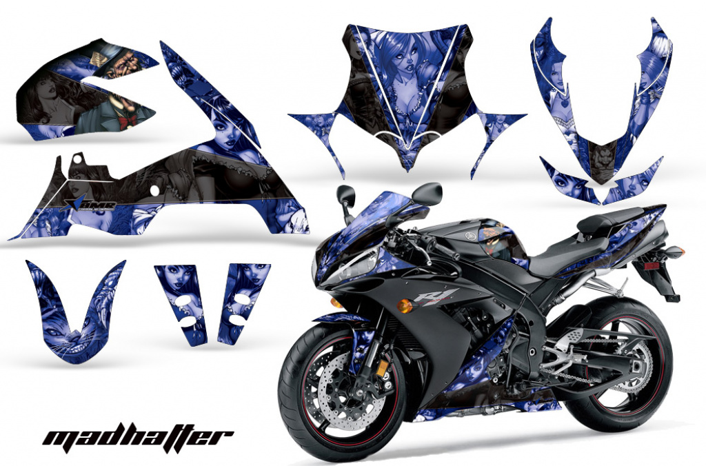 Mad-Hatter Hintergrund = Blau, Designfarbe = Schwarz für Yamaha YZF R1 2004-2006
