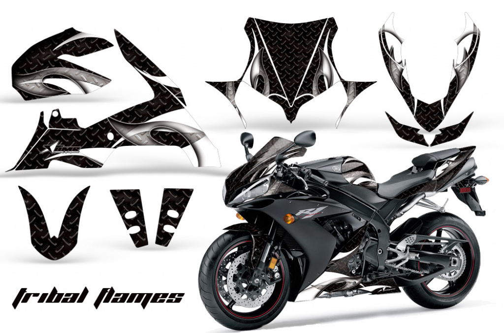 Tribal Flames Hintergrund = Schwarz, Designfarbe = Weiß für Yamaha YZF R1 2004-2006