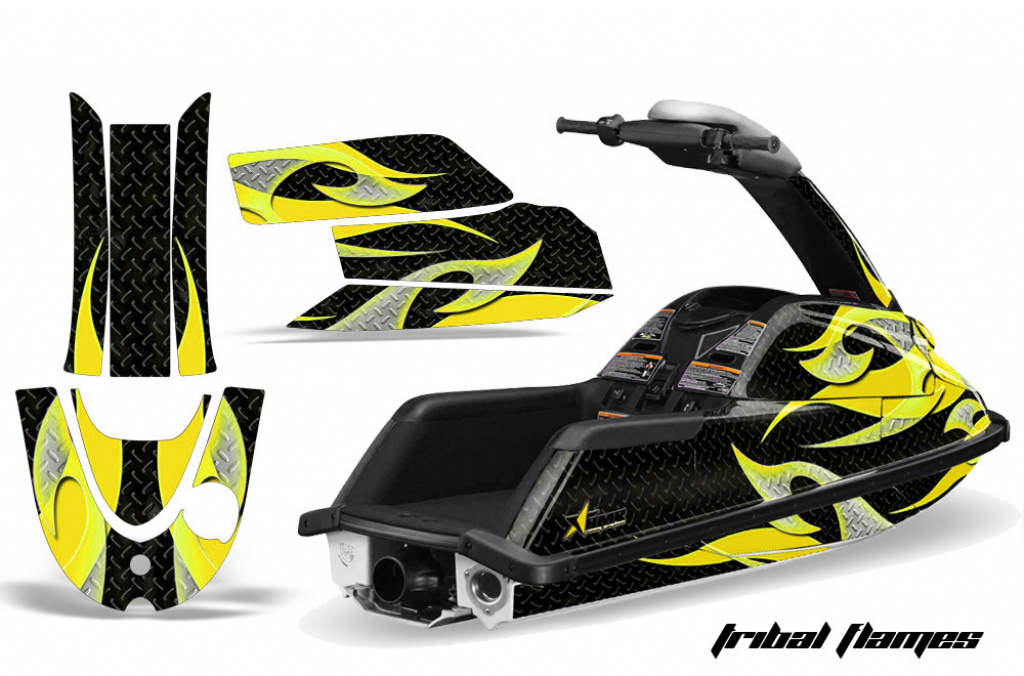 Tribal Flames Hintergrund = Schwarz, Designfarbe = Gelb für Yamaha Superjet Freestyle (Runde Nase)