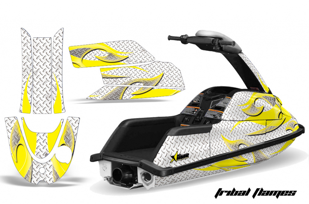 Tribal Flames Hintergrund = Weiß, Designfarbe = Gelb für Yamaha Superjet Freestyle (Runde Nase)