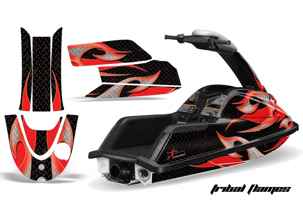 Tribal Flames Hintergrund = Schwarz, Designfarbe = Rot für Yamaha Superjet (Runde Nase)