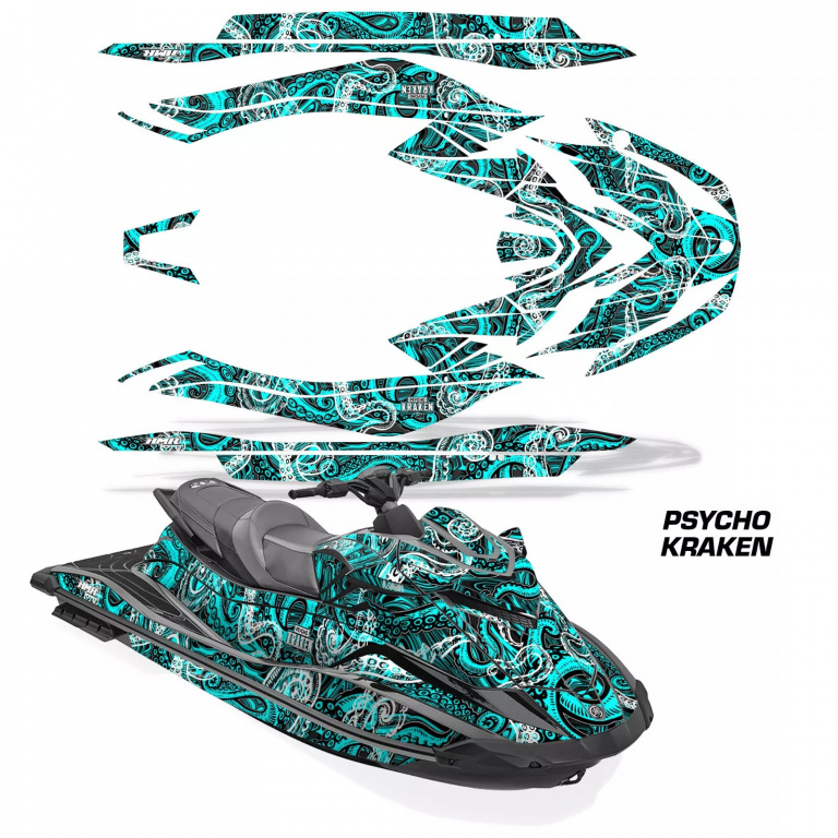 Psycho Kraken Background = Black, Design color = Teal Blue for Yamaha WaveRunner GP 1800R 21-23