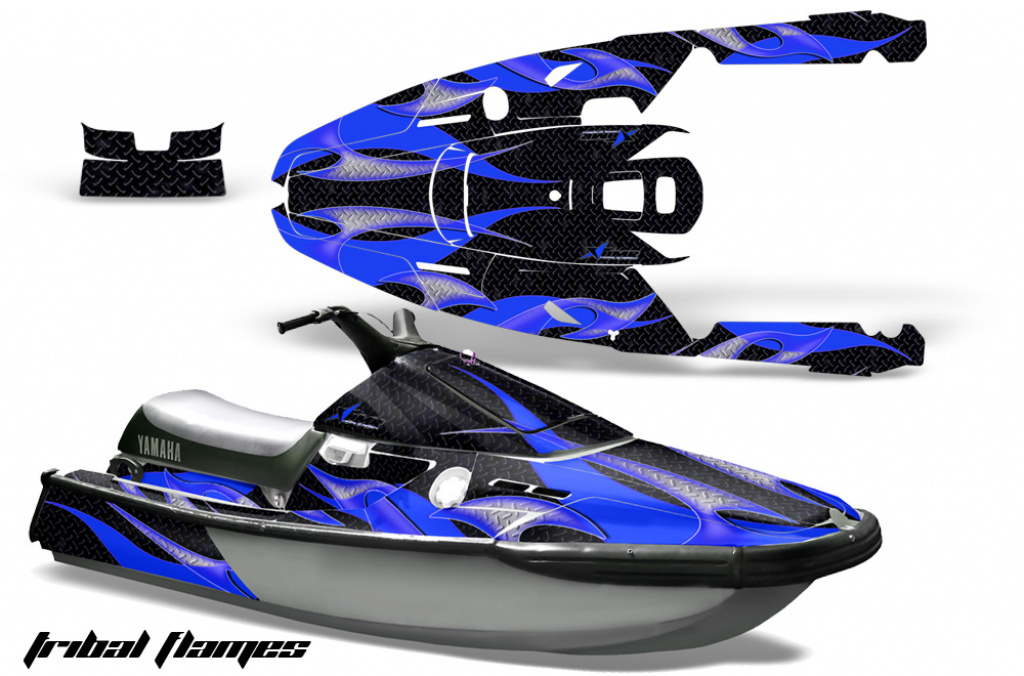 Tribal Flames Hintergrund = Schwarz, Designfarbe = Blau für Yamaha Wave Runner 3 1991-1996
