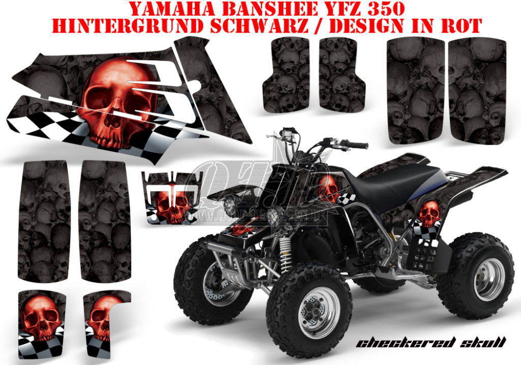 Checkered Skull Hintergrund = Schwarz, Designfarbe = Rot für Yamaha Banshee YFZ 350