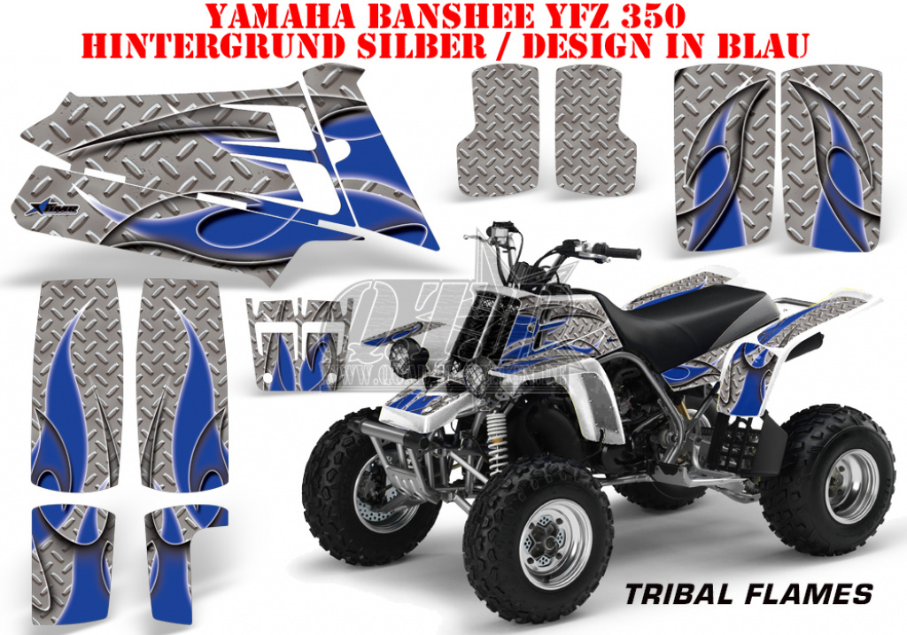 Tribal Flames Hintergrund = Silber, Designfarbe = Blau für Yamaha Banshee YFZ 350