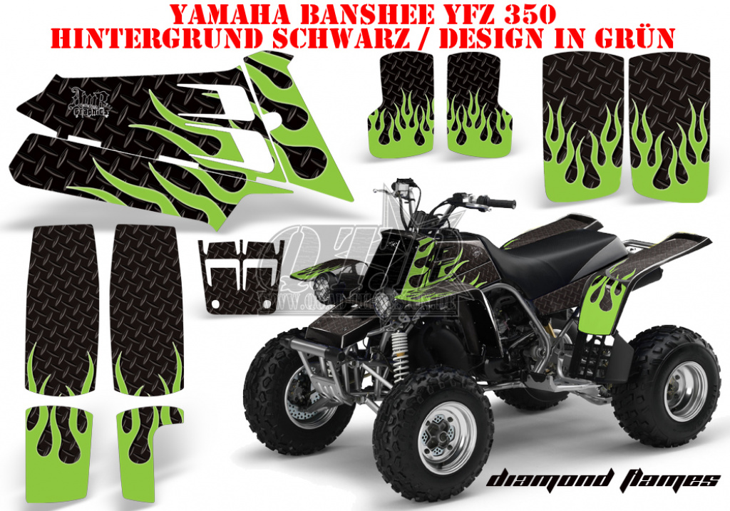 Diamond Flames Hintergrund = Schwarz, Designfarbe = Grün für Yamaha Banshee YFZ 350