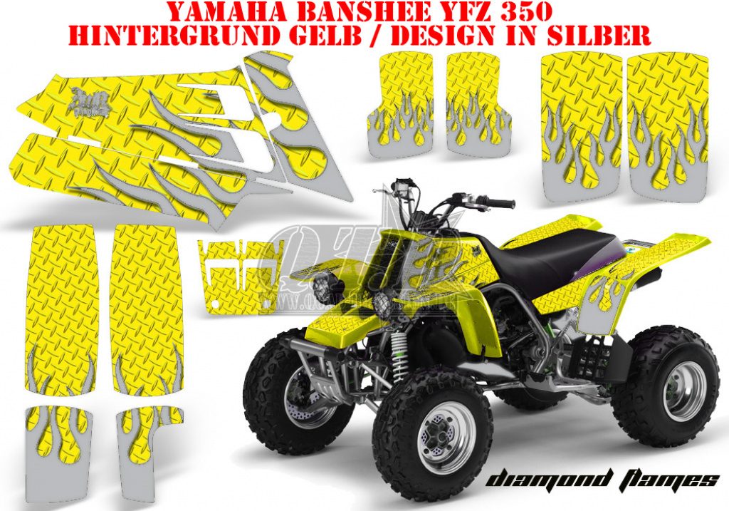 Diamond Flames Hintergrund = Gelb , Designfarbe = Silber für Yamaha Banshee YFZ 350
