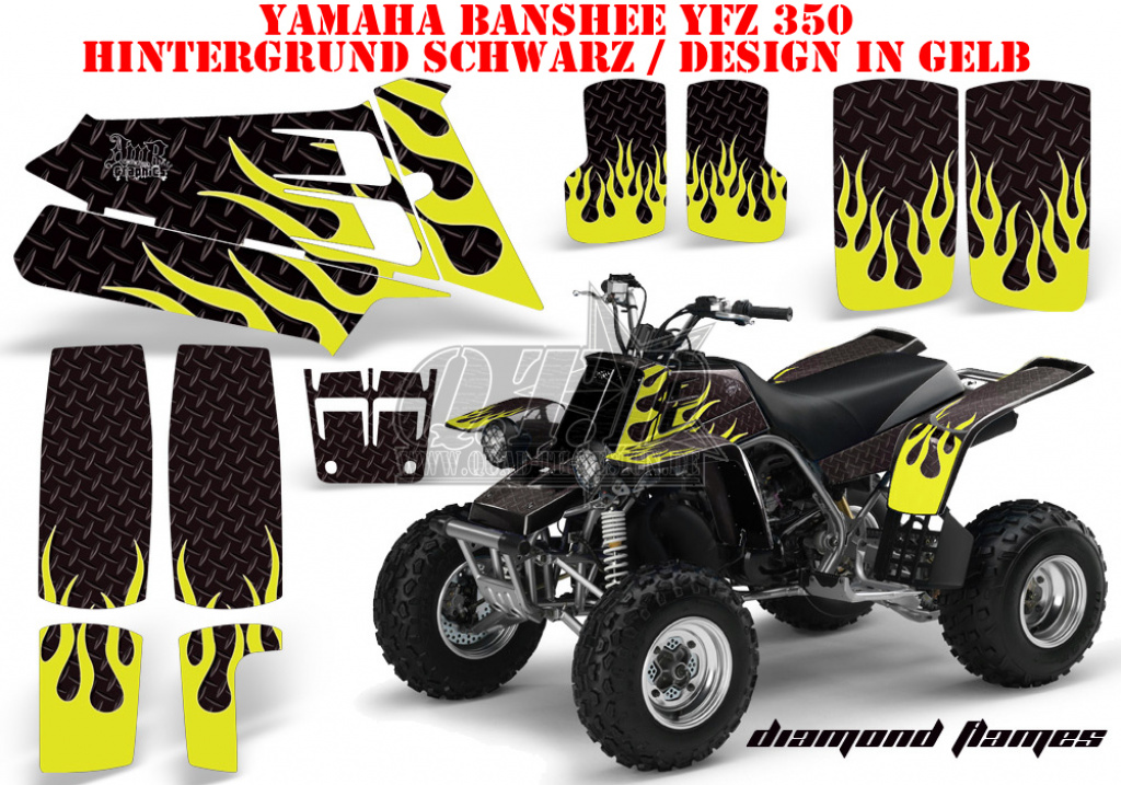 Diamond Flames Hintergrund = Schwarz, Designfarbe = Gelb für Yamaha Banshee YFZ 350