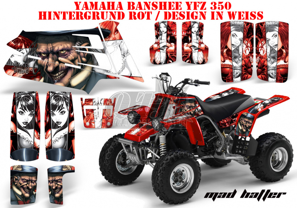 Mad-Hatter Hintergrund = Rot, Designfarbe = Weiß für Yamaha Banshee YFZ 350