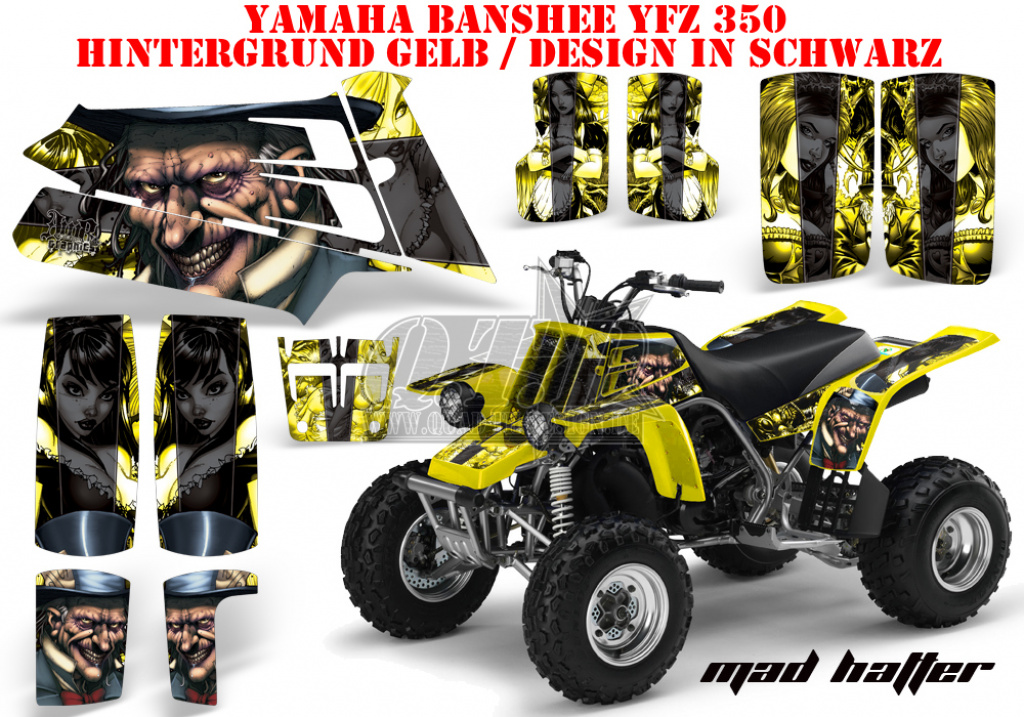 Mad-Hatter Hintergrund = Gelb, Designfarbe = Schwarz für Yamaha Banshee YFZ 350
