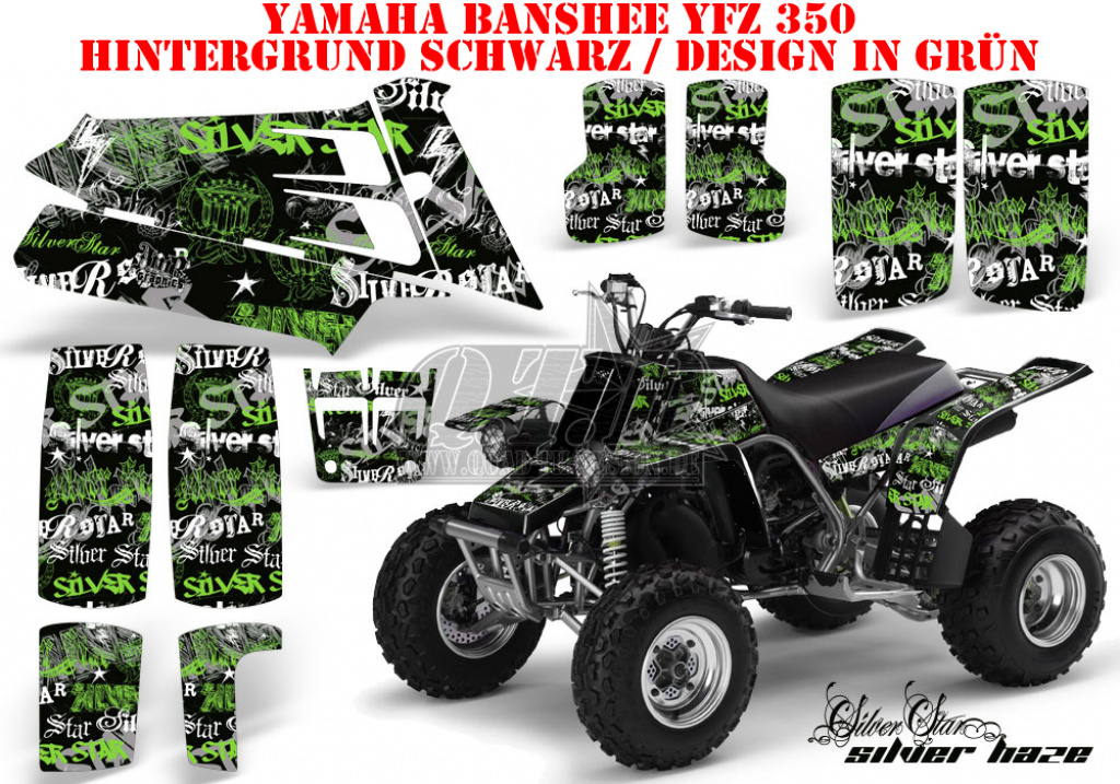 SilverStar - Silverhaze Hintergrund = Schwarz, Designfarbe = Grün für Yamaha Banshee YFZ 350