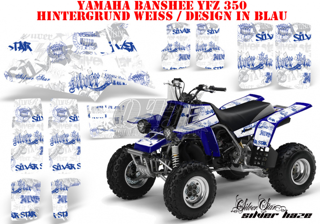 SilverStar - Silverhaze Hintergrund = Weiß, Designfarbe = Blau für Yamaha Banshee YFZ 350