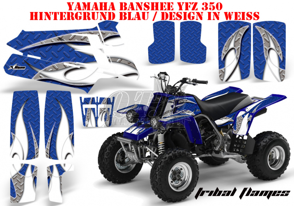 Tribal Flames Hintergrund = Blau, Designfarbe = Weiß für Yamaha Banshee YFZ 350