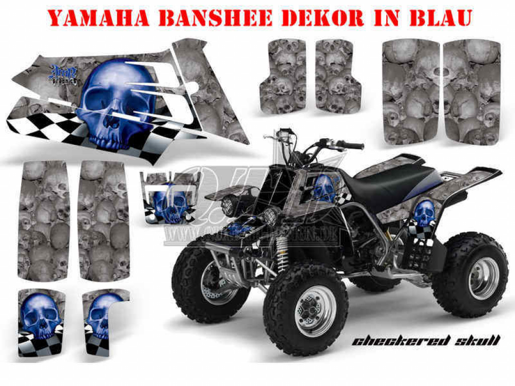 Checkered Skull Hintergrund = Silber, Designfarbe = Blau für Yamaha Banshee YFZ 350