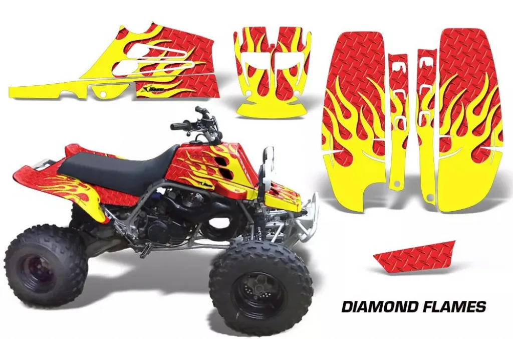 Diamond Flames Background = Red, Design color = Yellow for Yamaha Banshee YFZ 350 Full Bore