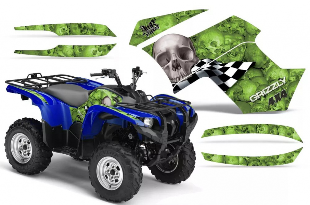 Checkered Skull Hintergrund = Grün, Designfarbe = Silber für Yamaha Grizzly 700/550 2007-2014