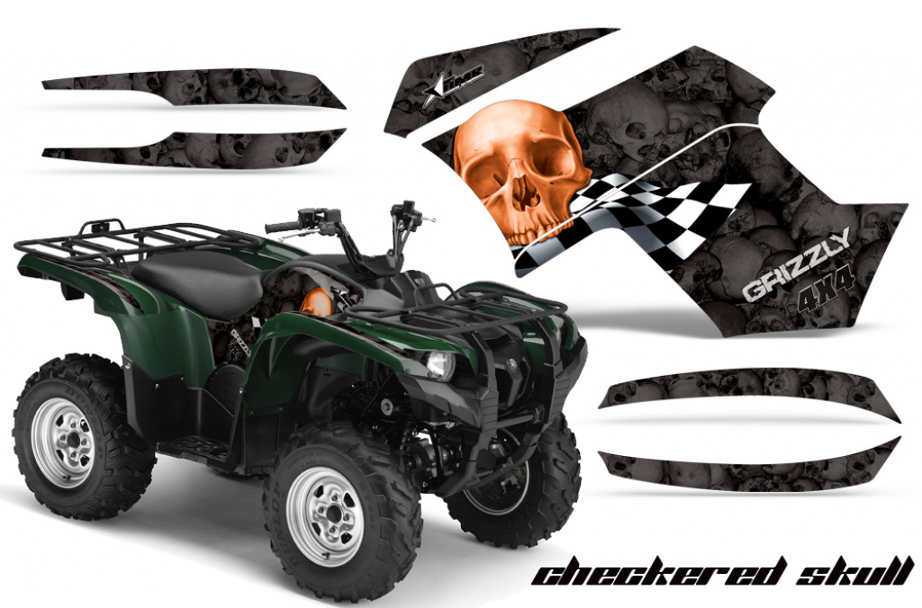 Checkered Skull Hintergrund = Schwarz, Designfarbe = Orange für Yamaha Grizzly 700/550 2007-2014