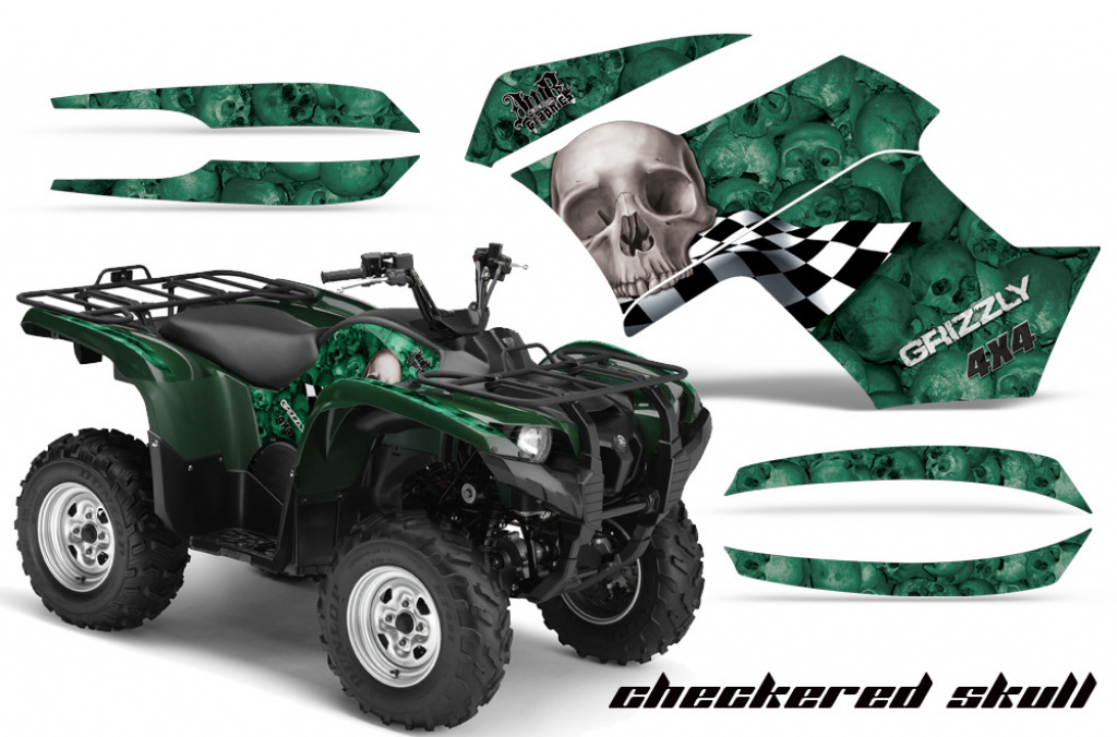 Checkered Skull Hintergrund = Grün, Designfarbe = Silber für Yamaha Grizzly 700/550 2007-2014